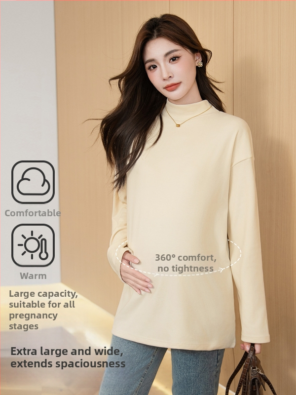 Tehotenský top na jeseň-zimu, polovičný vysoký golier, brusený Mink Velvet, fleecová podšívka, voľný strih
