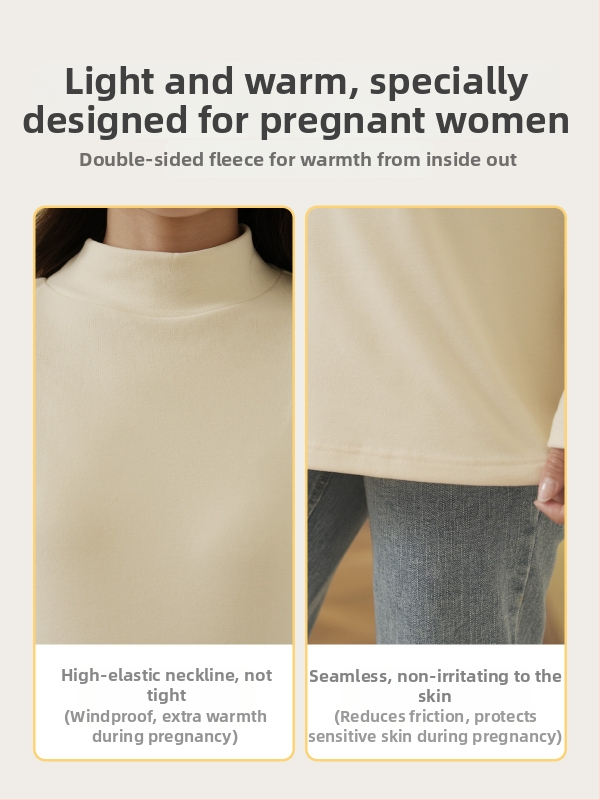 Tehotenský top na jeseň-zimu, polovičný vysoký golier, brusený Mink Velvet, fleecová podšívka, voľný strih