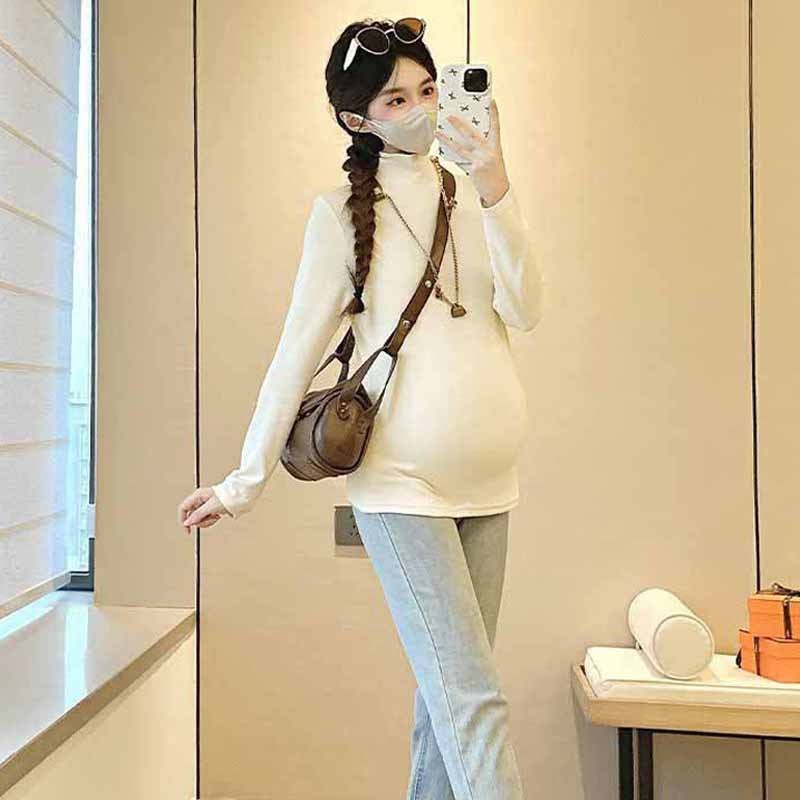 Rasedate T-särk kahepoolsest sametist, kõhu peitmiseks ja peeniks siluetiks, pikad varrukad, poolkõrge kaelus, tavaline pikkus, polüester Derong 90%