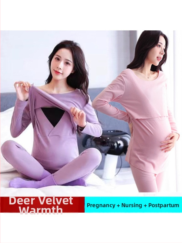 Nėščių terminių apatinių komplektas, ruduo–žiema, maitinti atidarymas, ilgomis rankovėmis, poliesterio-spandeksas, siūlų dažytas audinys