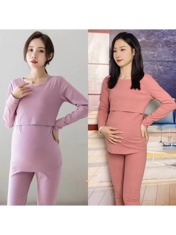 Nėščių terminių apatinių komplektas, ruduo–žiema, maitinti atidarymas, ilgomis rankovėmis, poliesterio-spandeksas, siūlų dažytas audinys