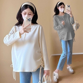 Rasedate pikkade varrukatega kapuutsiga T-särk, kõhu nööriga, keskmise pikkusega, polüester koos spandeksiga, vaba lõige, jaapani-korea igapäevane stiil