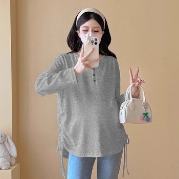 Rasedate pikkade varrukatega kapuutsiga T-särk, kõhu nööriga, keskmise pikkusega, polüester koos spandeksiga, vaba lõige, jaapani-korea igapäevane stiil