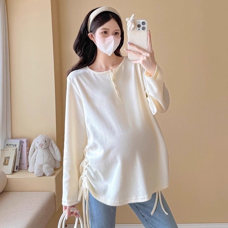 Rasedate pikkade varrukatega kapuutsiga T-särk, kõhu nööriga, keskmise pikkusega, polüester koos spandeksiga, vaba lõige, jaapani-korea igapäevane stiil