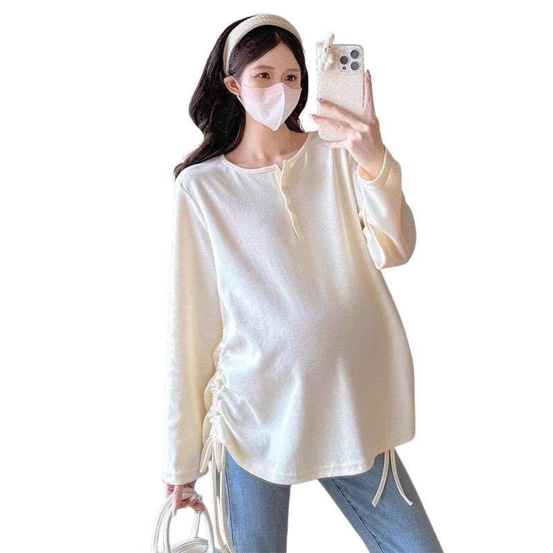 Rasedate pikkade varrukatega kapuutsiga T-särk, kõhu nööriga, keskmise pikkusega, polüester koos spandeksiga, vaba lõige, jaapani-korea igapäevane stiil