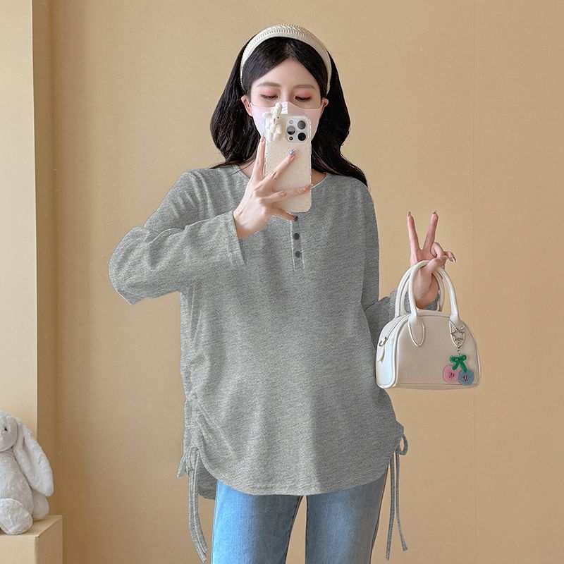 Rasedate pikkade varrukatega kapuutsiga T-särk, kõhu nööriga, keskmise pikkusega, polüester koos spandeksiga, vaba lõige, jaapani-korea igapäevane stiil