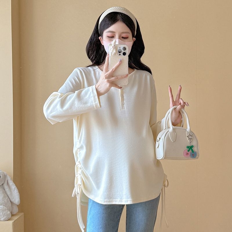 Rasedate pikkade varrukatega kapuutsiga T-särk, kõhu nööriga, keskmise pikkusega, polüester koos spandeksiga, vaba lõige, jaapani-korea igapäevane stiil