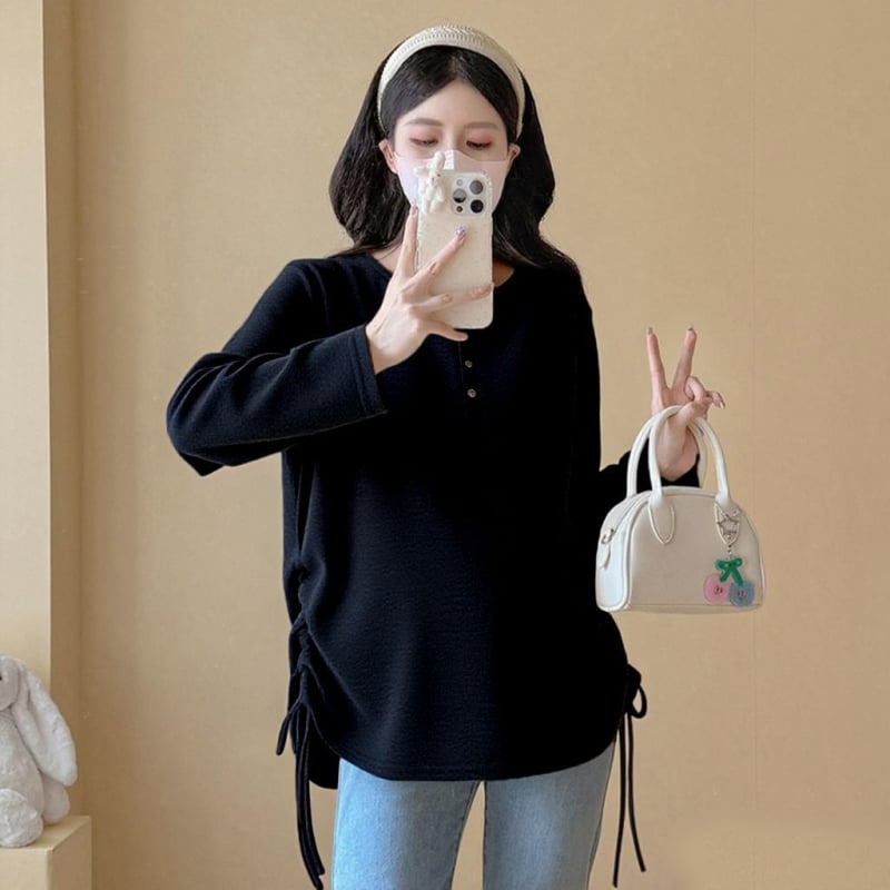 Rasedate pikkade varrukatega kapuutsiga T-särk, kõhu nööriga, keskmise pikkusega, polüester koos spandeksiga, vaba lõige, jaapani-korea igapäevane stiil