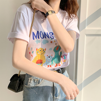 Tricou din bumbac lejer, imprimeu cu desene animate, mâneci scurte, guler rotund, stil japonez-coreean de relaxare