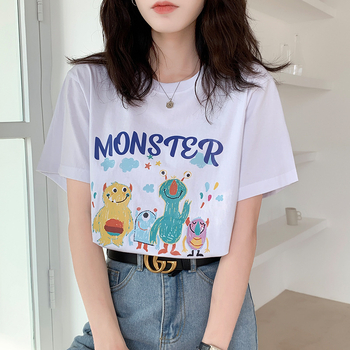 Tricou din bumbac lejer, imprimeu cu desene animate, mâneci scurte, guler rotund, stil japonez-coreean de relaxare