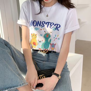 Tricou din bumbac lejer, imprimeu cu desene animate, mâneci scurte, guler rotund, stil japonez-coreean de relaxare