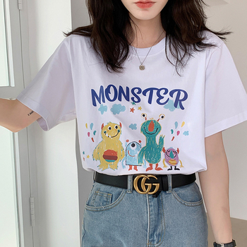 Tricou din bumbac lejer, imprimeu cu desene animate, mâneci scurte, guler rotund, stil japonez-coreean de relaxare