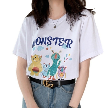 Tricou din bumbac lejer, imprimeu cu desene animate, mâneci scurte, guler rotund, stil japonez-coreean de relaxare