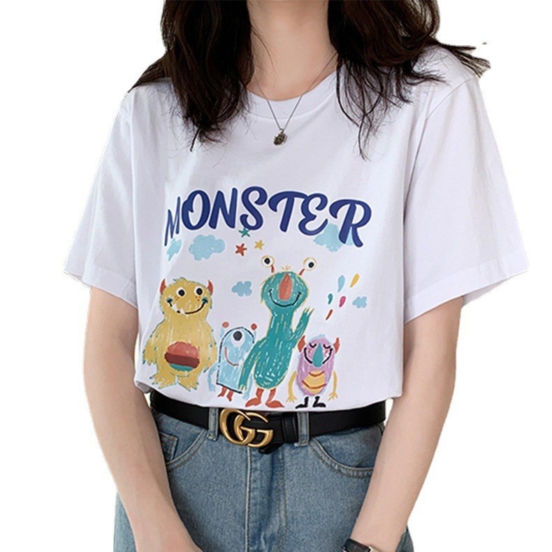 Tricou din bumbac lejer, imprimeu cu desene animate, mâneci scurte, guler rotund, stil japonez-coreean de relaxare