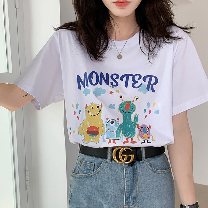 Tricou din bumbac lejer, imprimeu cu desene animate, mâneci scurte, guler rotund, stil japonez-coreean de relaxare