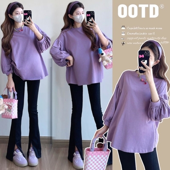 Rasedate pikkade varrukatega T-särk laia lõikega, ühevärviline, ümmarguse kaelusega, polüester-spandex segu (70–80% polüester, kuni 30% spandex), pikkus 50–65 cm, sügis 2025