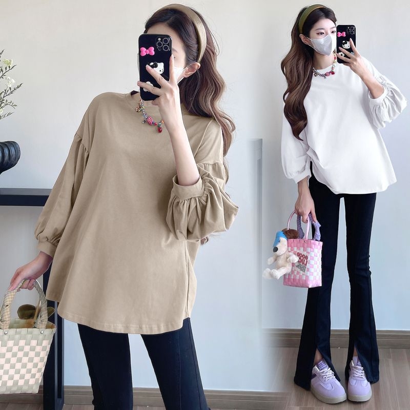 Rasedate pikkade varrukatega T-särk laia lõikega, ühevärviline, ümmarguse kaelusega, polüester-spandex segu (70–80% polüester, kuni 30% spandex), pikkus 50–65 cm, sügis 2025