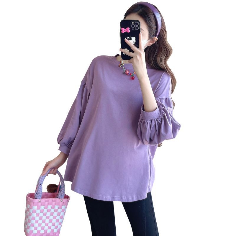 Rasedate pikkade varrukatega T-särk laia lõikega, ühevärviline, ümmarguse kaelusega, polüester-spandex segu (70–80% polüester, kuni 30% spandex), pikkus 50–65 cm, sügis 2025