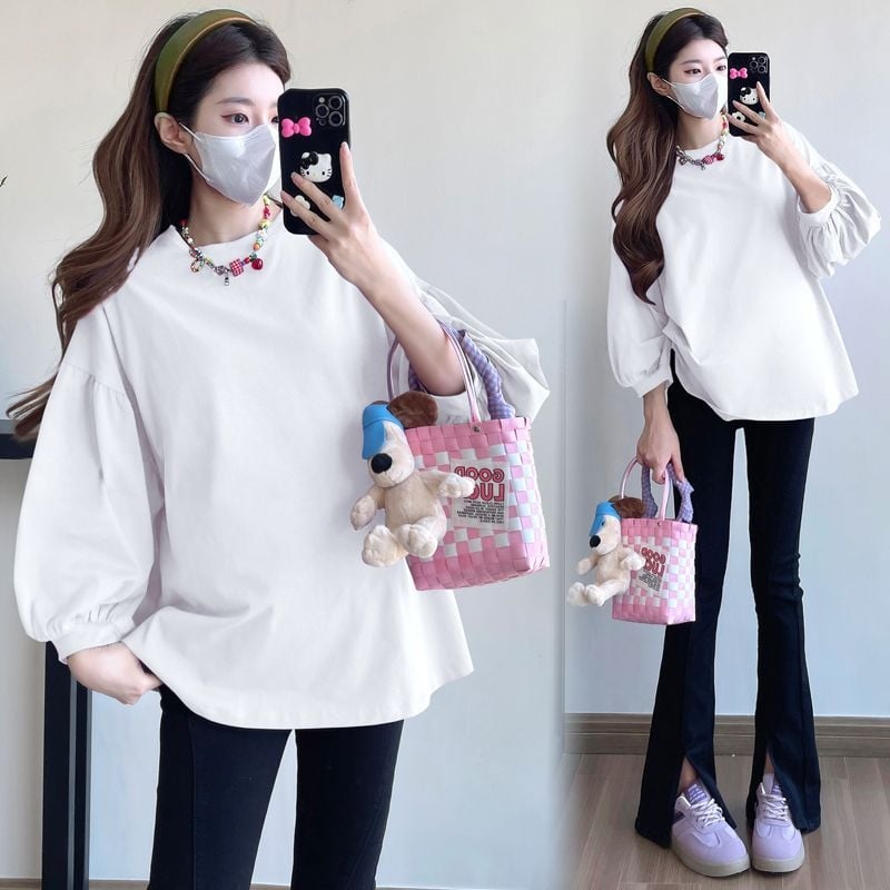 Rasedate pikkade varrukatega T-särk laia lõikega, ühevärviline, ümmarguse kaelusega, polüester-spandex segu (70–80% polüester, kuni 30% spandex), pikkus 50–65 cm, sügis 2025