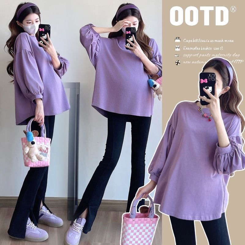 Rasedate pikkade varrukatega T-särk laia lõikega, ühevärviline, ümmarguse kaelusega, polüester-spandex segu (70–80% polüester, kuni 30% spandex), pikkus 50–65 cm, sügis 2025