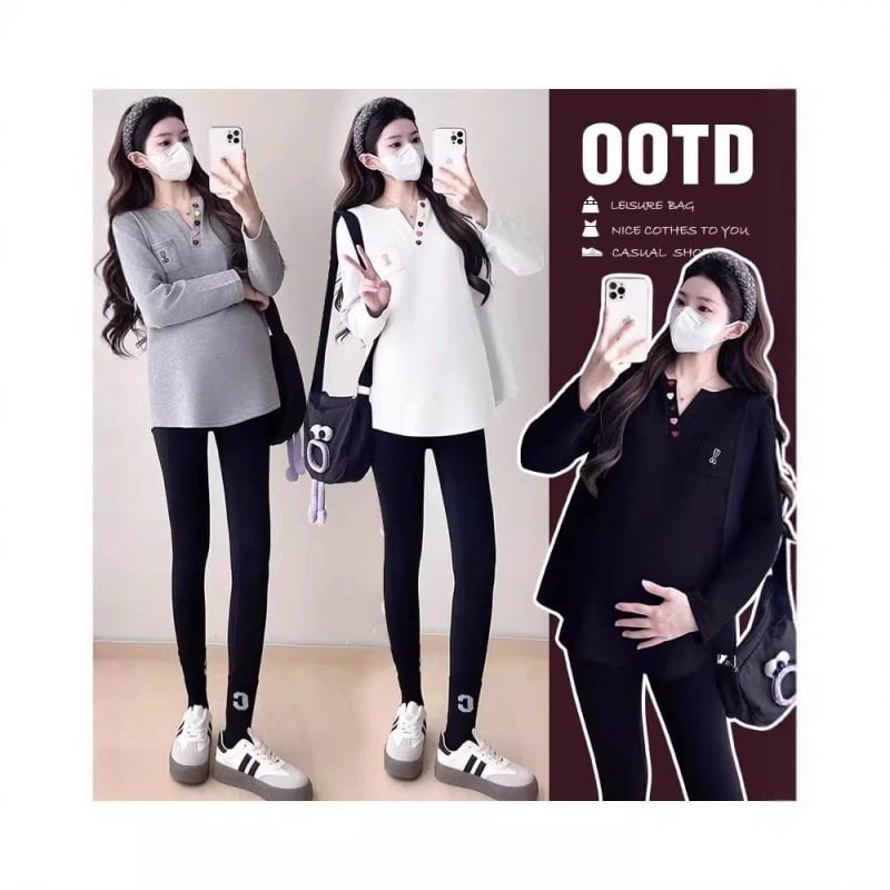 Nėščiųjų megztinis su V formos kaklu, ilgos rankovės, vidutinio ilgio, geometrinis raštas