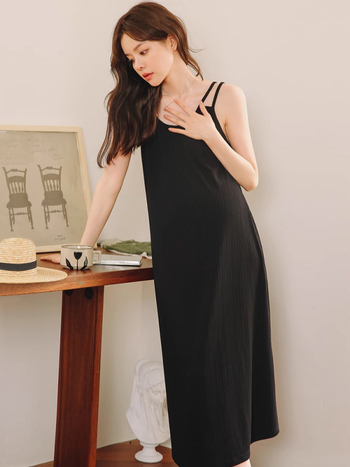 Рокля за бременни с презрамки, без ръкави, дълга, полиестерна тъкан със спандекс