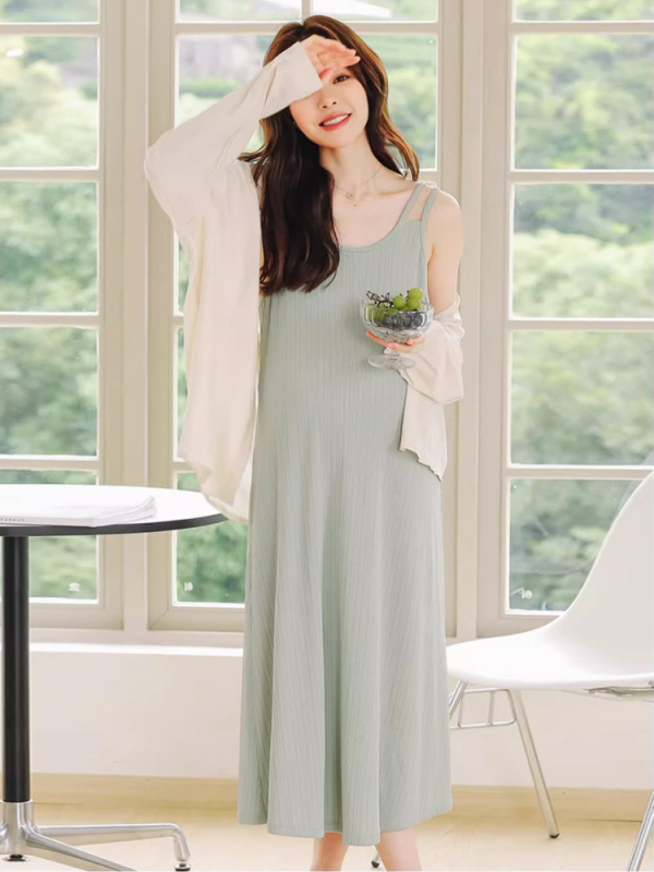 Рокля за бременни с презрамки, без ръкави, дълга, полиестерна тъкан със спандекс