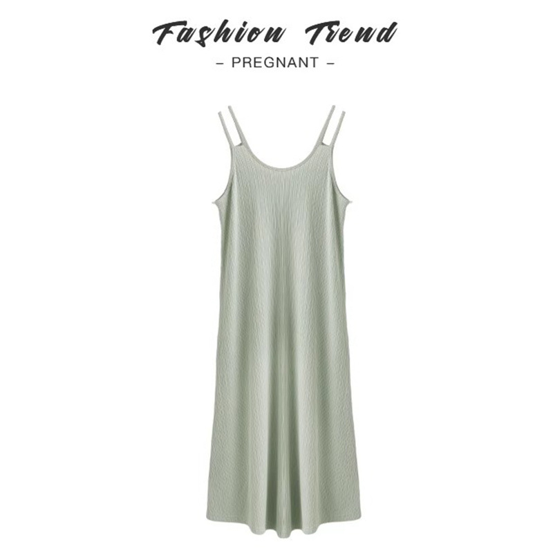 Рокля за бременни с презрамки, без ръкави, дълга, полиестерна тъкан със спандекс