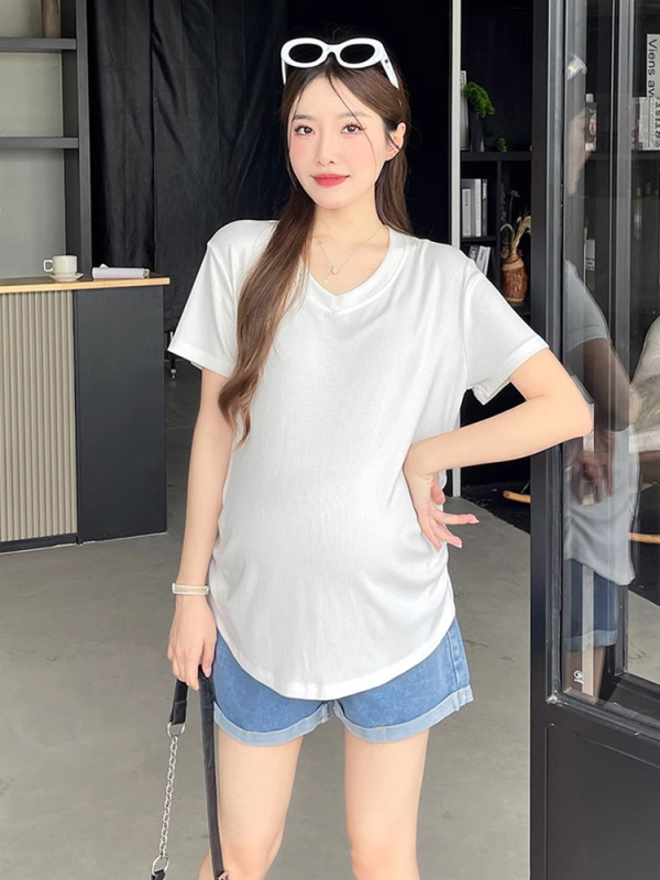 Rasedate lühikeste varrukatega top, V-kaelusega, vaba lõige, puuvillane 90–95%, keskmise pikkusega