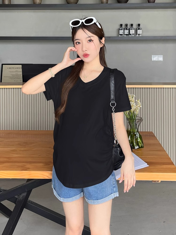 Rasedate lühikeste varrukatega top, V-kaelusega, vaba lõige, puuvillane 90–95%, keskmise pikkusega