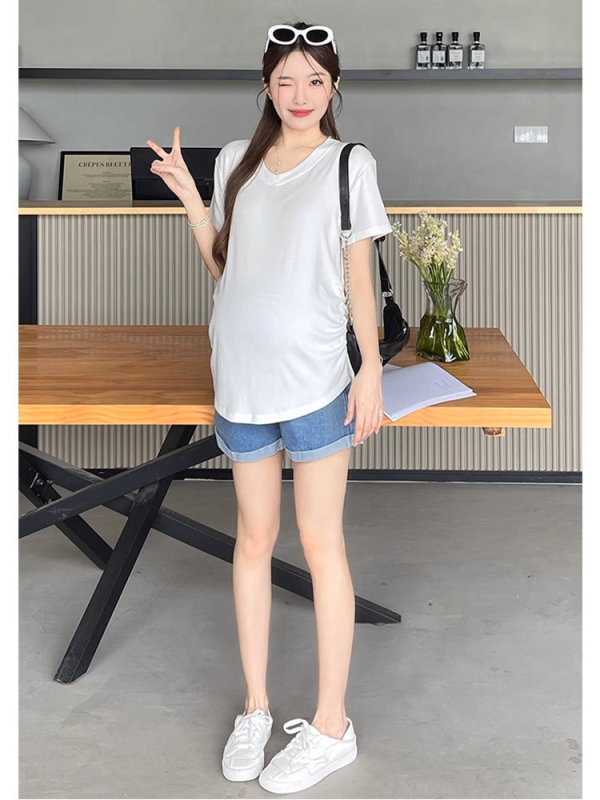 Rasedate lühikeste varrukatega top, V-kaelusega, vaba lõige, puuvillane 90–95%, keskmise pikkusega