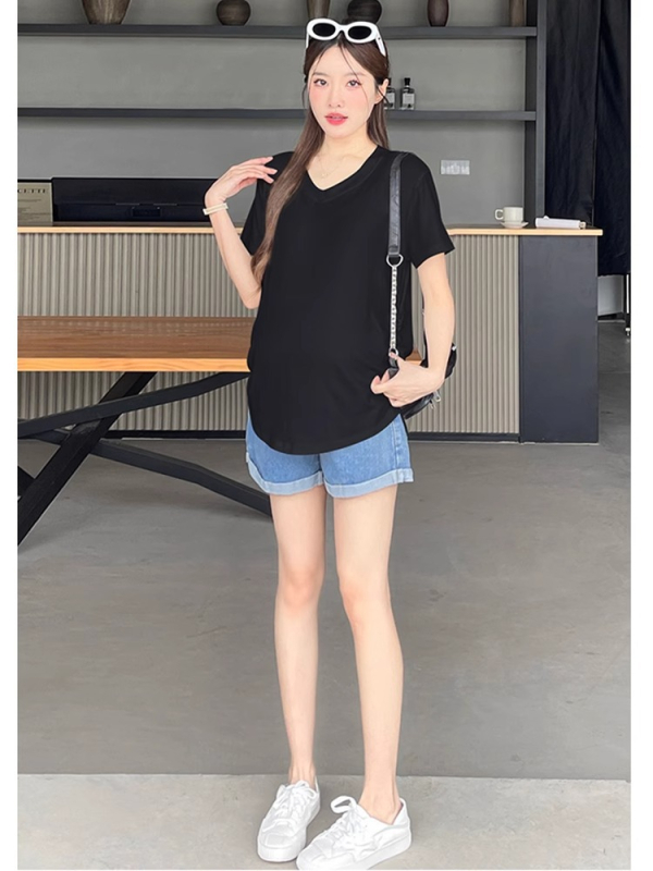 Rasedate lühikeste varrukatega top, V-kaelusega, vaba lõige, puuvillane 90–95%, keskmise pikkusega