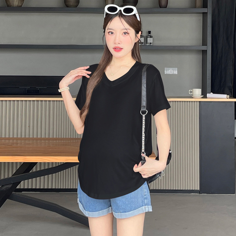 Rasedate lühikeste varrukatega top, V-kaelusega, vaba lõige, puuvillane 90–95%, keskmise pikkusega