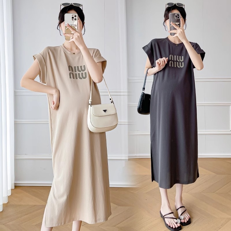 Лятна рокля за бременни, кръгло деколте, ръкави 3/4, полиестер (50–70%), едноцветна, А‑линейна миди рокля, Пролет 2024