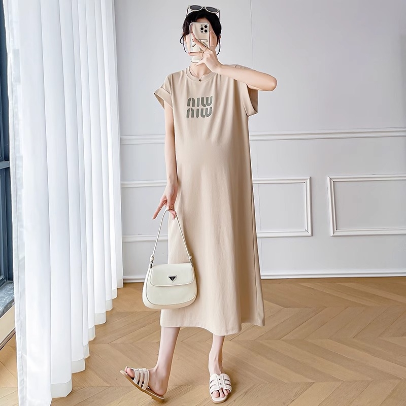 Лятна рокля за бременни, кръгло деколте, ръкави 3/4, полиестер (50–70%), едноцветна, А‑линейна миди рокля, Пролет 2024