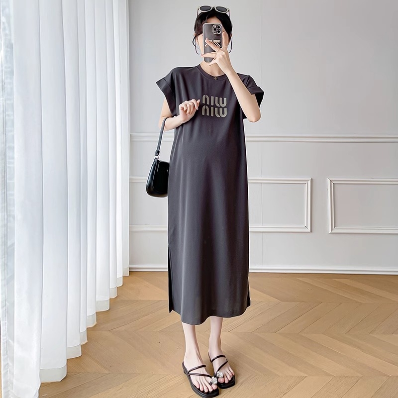 Лятна рокля за бременни, кръгло деколте, ръкави 3/4, полиестер (50–70%), едноцветна, А‑линейна миди рокля, Пролет 2024