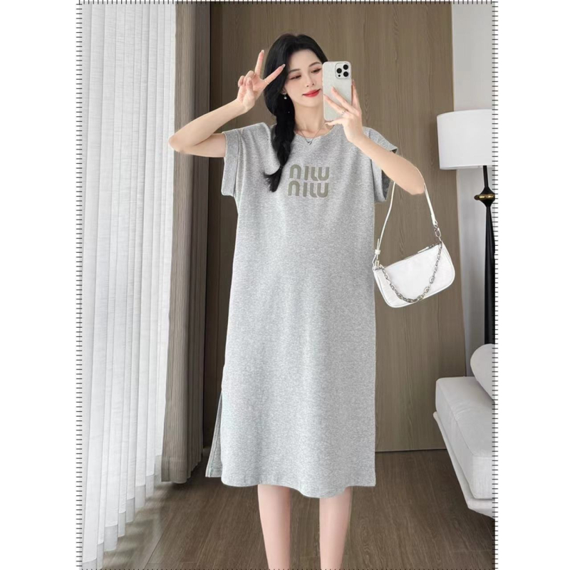 Лятна рокля за бременни, кръгло деколте, ръкави 3/4, полиестер (50–70%), едноцветна, А‑линейна миди рокля, Пролет 2024