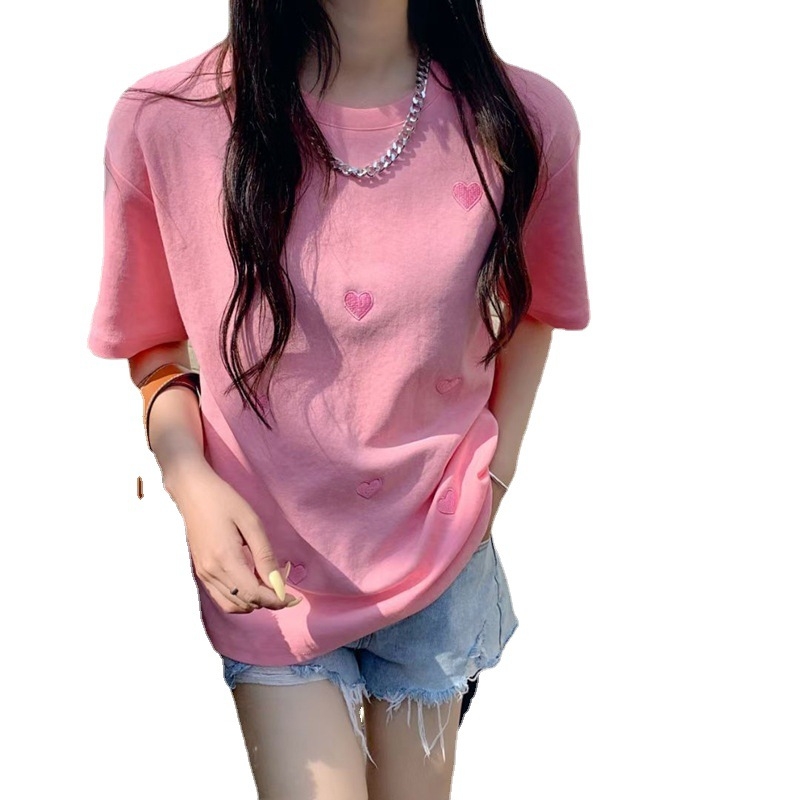 Ženski T-shirt s kratkim rukavima s srčanim vezom, opušten kroj, korejski stil, poliester