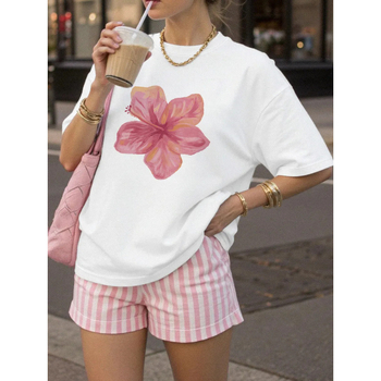 Tricou de bumbac cu imprimeu floral 3D, guler rotund, mâneci scurte, croială lejeră, lungime medie