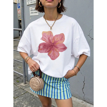Tricou de bumbac cu imprimeu floral 3D, guler rotund, mâneci scurte, croială lejeră, lungime medie