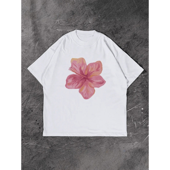 Tricou de bumbac cu imprimeu floral 3D, guler rotund, mâneci scurte, croială lejeră, lungime medie