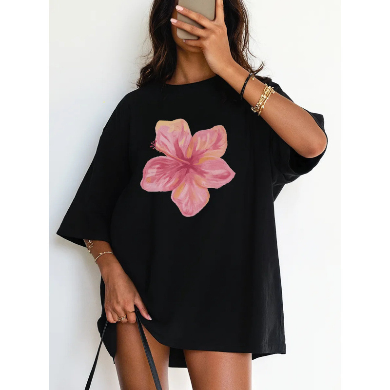 Tricou de bumbac cu imprimeu floral 3D, guler rotund, mâneci scurte, croială lejeră, lungime medie