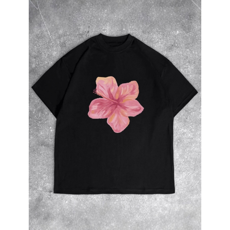 Tricou de bumbac cu imprimeu floral 3D, guler rotund, mâneci scurte, croială lejeră, lungime medie