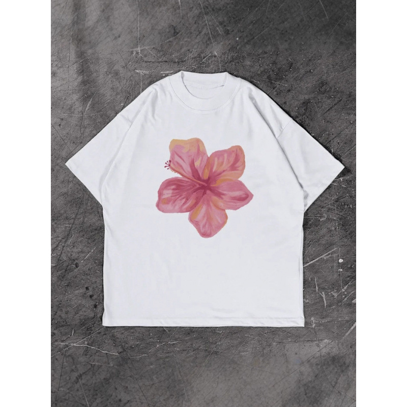 Tricou de bumbac cu imprimeu floral 3D, guler rotund, mâneci scurte, croială lejeră, lungime medie