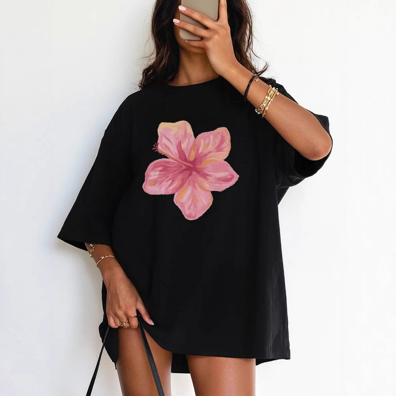 Tricou de bumbac cu imprimeu floral 3D, guler rotund, mâneci scurte, croială lejeră, lungime medie