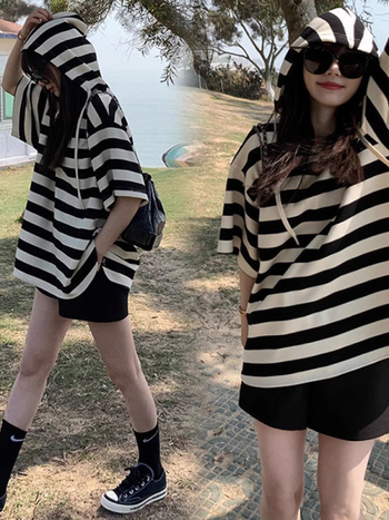 Rasedate suvine T-särkide komplekt kapuutsiga, triibuline, lühikeste varrukatega, vaba lõige, 95% puuvill