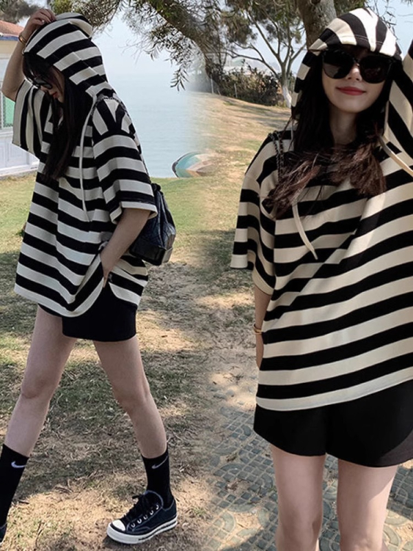 Rasedate suvine T-särkide komplekt kapuutsiga, triibuline, lühikeste varrukatega, vaba lõige, 95% puuvill