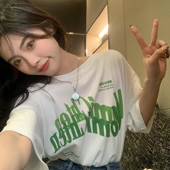 Dámske bavlnené tričko s potlačou písmen, voľný strih, krátke rukávy, japonsko-kórejský štýl