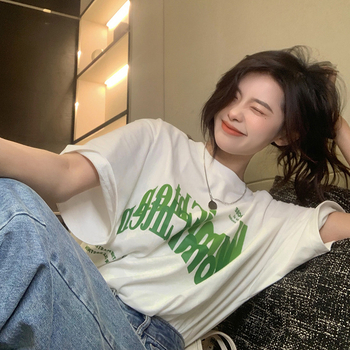Dámske bavlnené tričko s potlačou písmen, voľný strih, krátke rukávy, japonsko-kórejský štýl