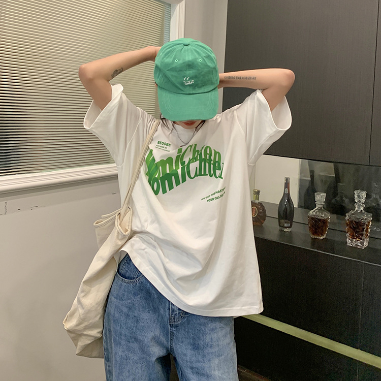 Dámske bavlnené tričko s potlačou písmen, voľný strih, krátke rukávy, japonsko-kórejský štýl